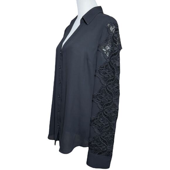 Express‎ Portofino Shirt Women M Black Lace Classic Office Career Work Capsule - Picture 4 of 10